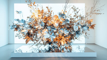 Poster - Modern abstract floral installation with metallic flowers contemporary art gallery artistic showcase minimalist environment creative expression