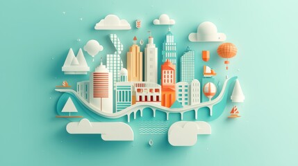 Poster - a stylized, illustrated map of a city skyline, showcasing iconic buildings, bridges, waterways, and 