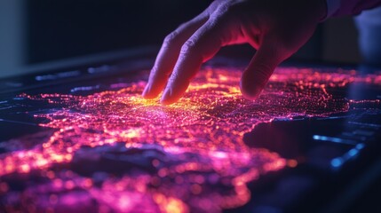 Poster - Businessman analyzing holographic market map for strategic innovation and geographic expansion