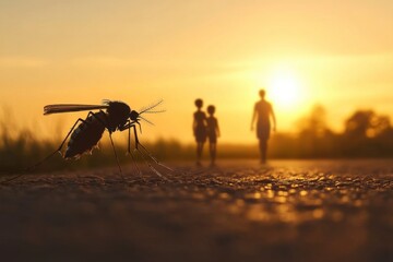 Mosquito shadow on the street and family outdoors under the sunset. Mosquito disease prevention concept.