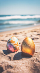 Aufkleber - Decorated easter eggs are standing on a sandy beach with the ocean waves gently rolling in the background