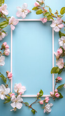 Poster - Elegant easter or springtime image with white frame, spring flowers, and copy space on pastel blue background