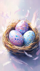 Aufkleber - Pastel-colored easter eggs nestled in a cozy bird's nest adorned with delicate feathers, creating a serene and festive scene