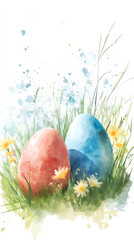 Poster - Watercolor painting of colorful easter eggs nestled in grass and flowers, evoking a sense of spring and celebration