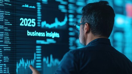 Poster - Businessman analyzing digital data on a futuristic screen displaying business insights for 2025