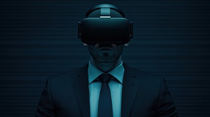 Poster - Businessman wearing virtual reality headset in dark environment