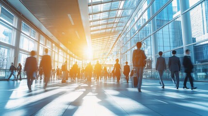 Aufkleber - Businesspeople walking in modern office building corridor with sunlight