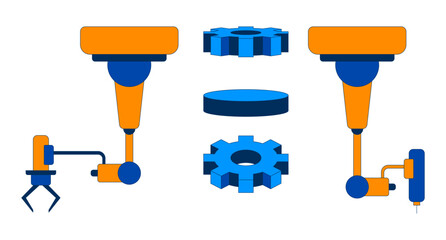 Poster - Robotic arms and gears 2D cartoon objects set. Manufacturing industrial parts, automation systems, cogwheels isolated elements flat vector cliparts on white background. Spot illustrations collection