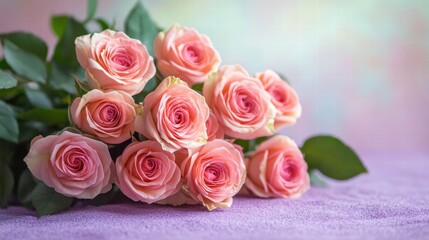 Wall Mural - A bouquet of pastel pink roses on a soft lavender background