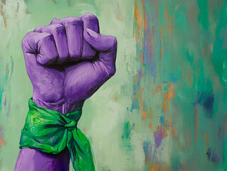 Purple fist and green scarf symbolizing women's empowerment painting