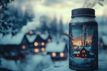 Wall Mural - Vintage Thermos with Winter Village Scene