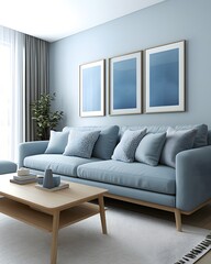 Poster - A cozy living room featuring a blue sofa, decorative pillows, and framed artwork.