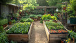 © Tuba - Raised beds filled soil compost and antique iron planters surrounded by vintage watering cans and wooden trellises lush vegetables growing in a peaceful garden