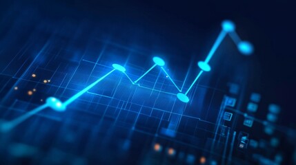 Fototapete - Blue Abstract Data Visualization with Rising Graph and Digital Elements