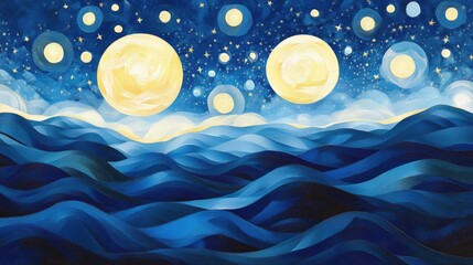 glowing stars and swirling celestial patterns illuminate a serene, abstract landscape of deep blue h