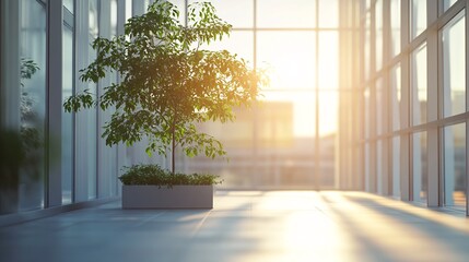 Aufkleber - Small tree growing in modern office building with sunset light