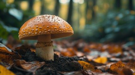 Aufkleber - Vibrant Amber Mushroom Growing Among Autumn Leaves in Forest Setting