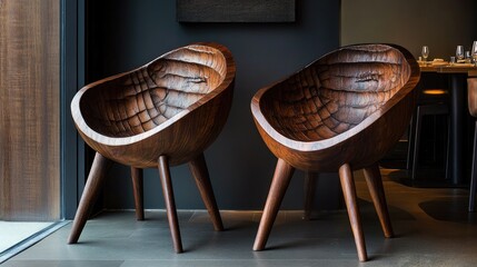 Two sculptural wooden chairs with unique carvings at a restaurant's doorway, perfectly blending functionality with artistic beauty.