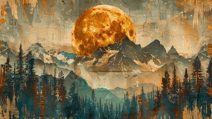 Surreal landscape painting of a large orange moon over snow-capped mountains and a dark forest, with a textured, distressed effect.