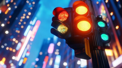 Wall Mural - Urban Traffic Light at Night in a Colorful Cityscape Background