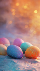 Poster - Pastel-colored easter eggs lie on a sandy beach, illuminated by the warm glow of the setting sun, creating a festive and serene scene