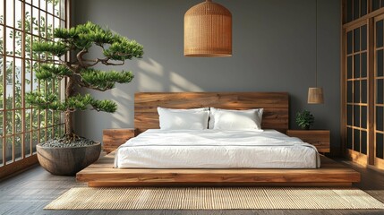 Wall Mural - A serene Japandi bedroom featuring a minimalist wooden bed, natural elements, and soft textures, ideal for relaxation and comfort with neutral tones.