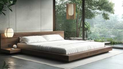 Wall Mural - A serene bedroom showcasing a minimalist Japanese design with natural wood elements, large windows, and a tranquil view of nature.