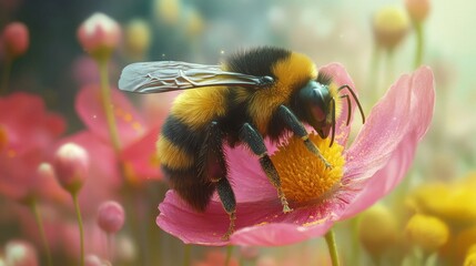 Poster - Vibrant Bumblebee Pollinating Flower in Colorful Garden Setting