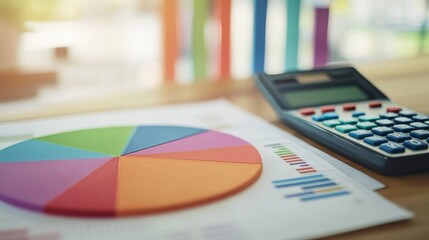 Aufkleber - Colorful Pie Chart and Calculator on Wooden Table with Reports