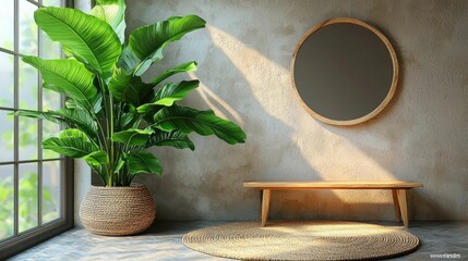 Wall Mural - A serene Japandi living area featuring a round mirror, wooden bench, and a large green plant, highlighting minimalist design and natural materials.