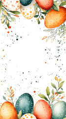 Poster - Colorful easter eggs and leaves painted in watercolor, forming a decorative border on a white background with vibrant speckles