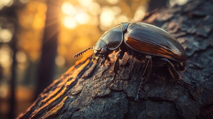 Poster - Close-Up of a Beetle on Tree Bark During Golden Hour Light