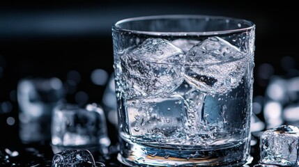 Poster - Refreshing Glass of Water with Ice Cubes on Dark Surface