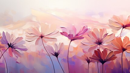 abstract pink cosmos flowers, mountain sunset, artistic painting
