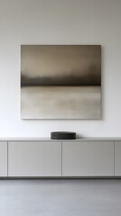 Poster - A minimalist artwork hangs above a sleek, modern cabinet in a neutral-toned interior.