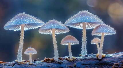 Poster - Delicate Mushrooms Covered in Dewdrops in Mystical Forest Setting