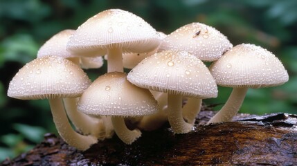 Poster - Close-Up of Delicate Mushrooms with Dew on Wooden Log