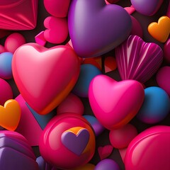 Wall Mural - A vibrant collection of glossy hearts in various shades of pink, purple, and orange, creating a cheerful and romantic atmosphere.