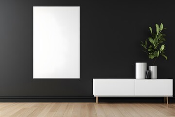 Poster - A minimalist interior featuring a white cabinet, plant, and blank wall for decoration.