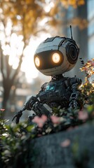 Poster - Small robot exploring nature in urban setting during golden hour