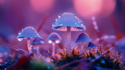 Poster - Ethereal Forest Scene with Dewy Mushrooms and Soft Pastel Background