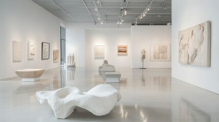 Poster - A minimalist art gallery featuring contemporary sculptures and clean white walls