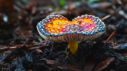 Poster - Vibrant Orange and Purple Mushroom Growing in Dark Soil