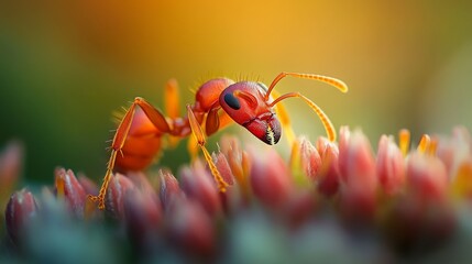 Poster - Close-Up of Red Ant on Colorful Flower Petals in Nature
