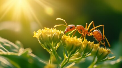 Poster - Ant on Bright Yellow Flower Under Sunlight with Natural Background