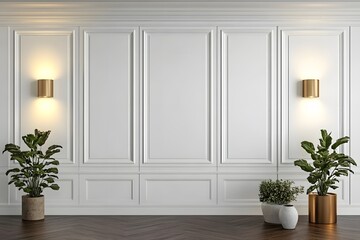 Poster - A modern interior with decorative wall panels, lighting, and potted plants.