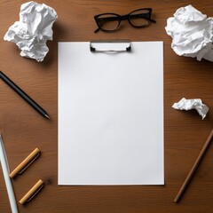 Aufkleber - A white piece of paper sits on a table with a pen, a pair of glasses