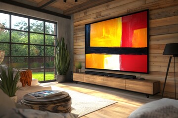 Poster - A modern living room featuring a large TV and abstract art on a wooden wall.