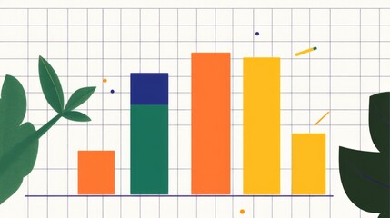 Poster - Colorful Bar Chart with Leaves on Graph Paper Background