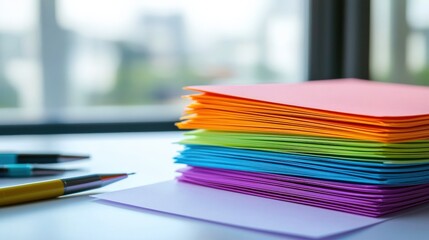 Aufkleber - A stack of colorful note paper neatly arranged on a clean white desk with pens scattered nearby